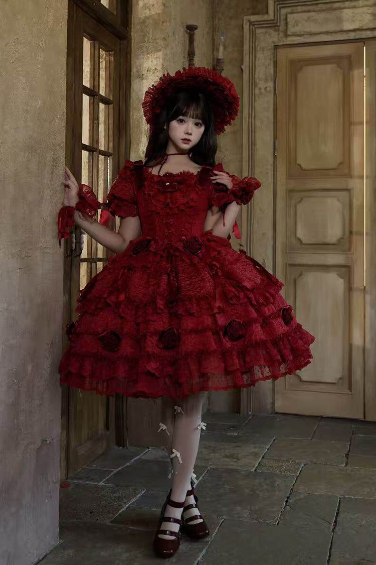 Crimson Rose Manor Square Neck Short Sleeve Ruffled Bow Lace Classic Lolita Gown