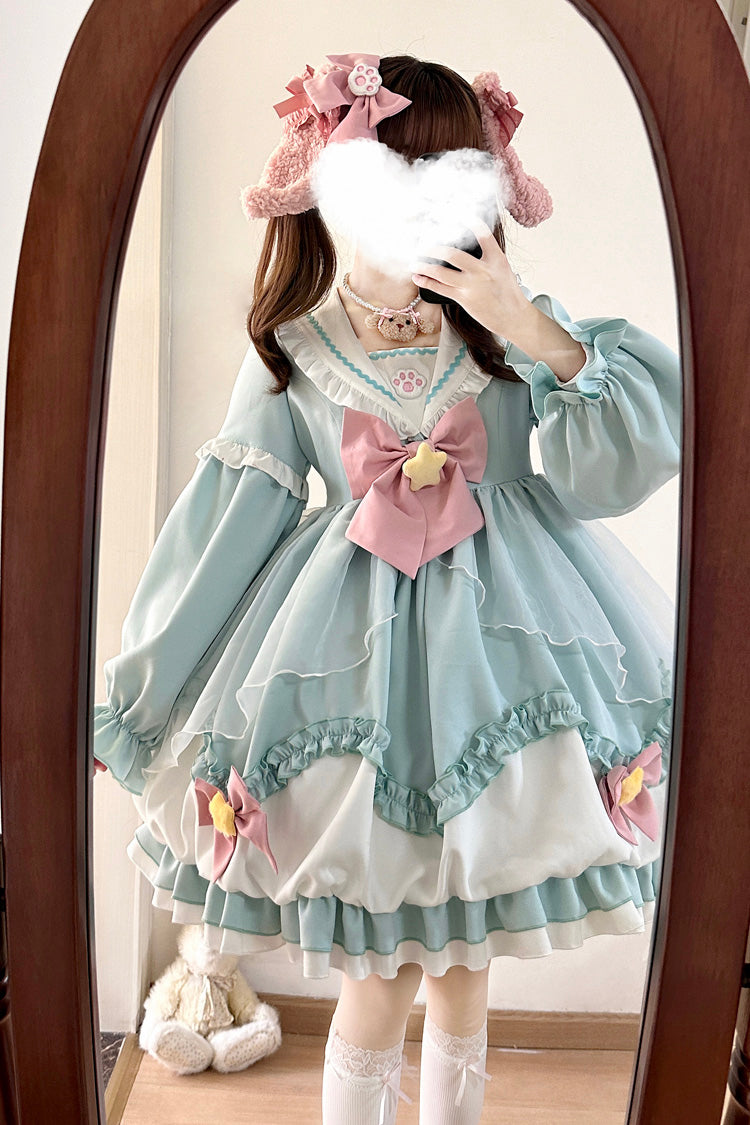Pray Star Long Sleeve Double Ruffled Bowknot Lace Sweet Lolita Dress