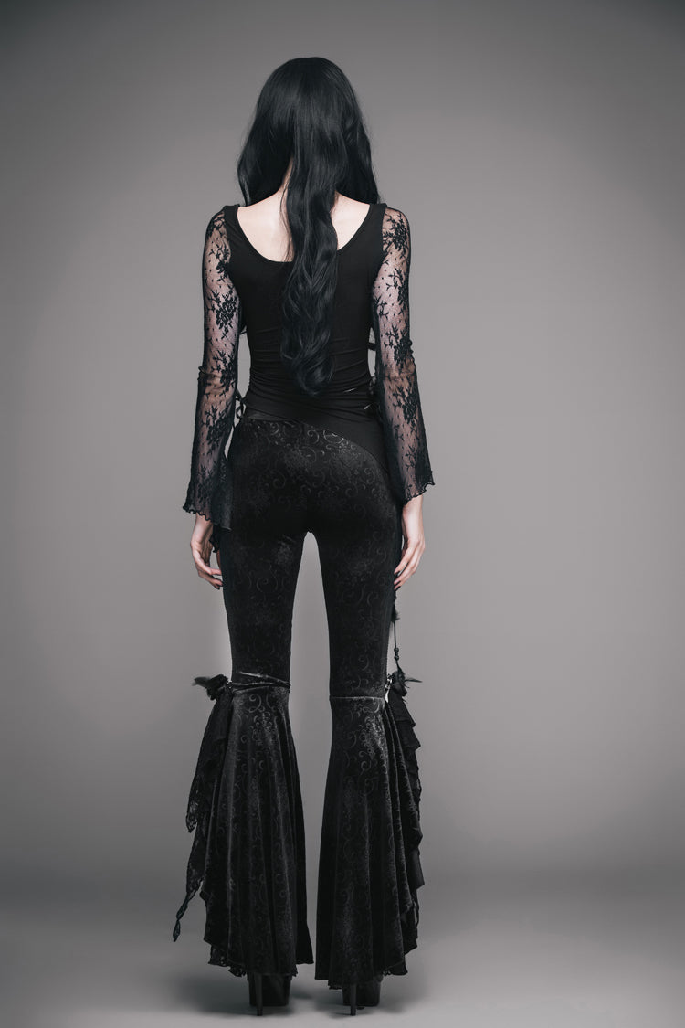 Women's Gothic T-Shirt in Black with Rose Decoration, Flare Sleeves & Irregular Lace Hem