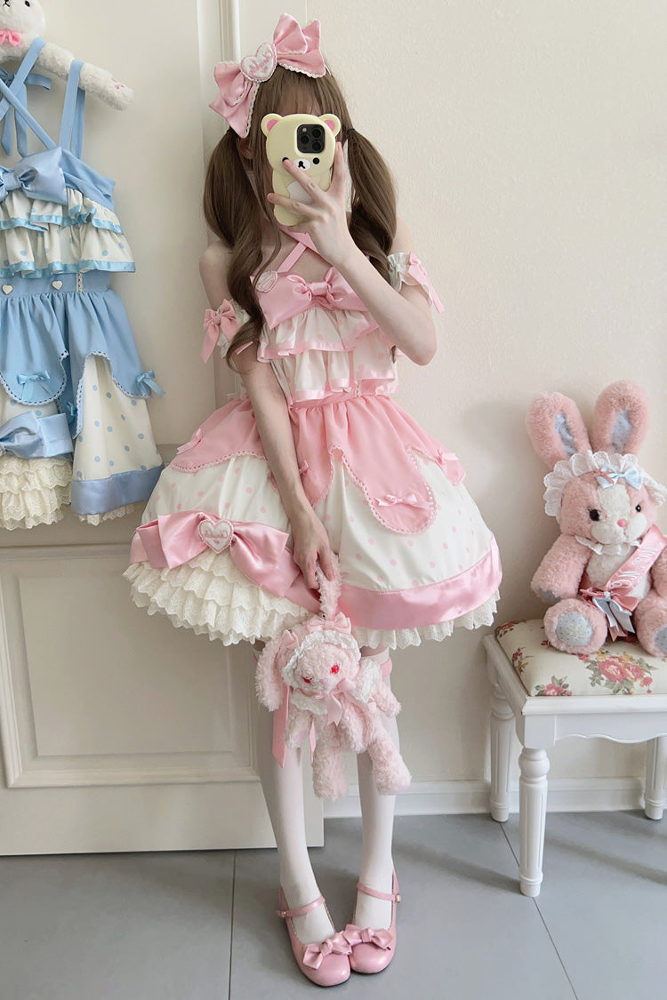 Pink Cream Polka Dot Ruffled Bowknot Sweet Lolita Jumper Dress