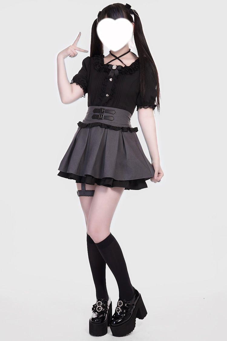 Japanese Jirai Kei Skirt with Leather Buckle, Double-Layered Ruffle, Grey/Black