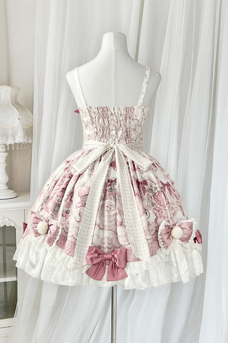 Pink Princess Dessert Cat Print Bow Lace Lolita Dress Set