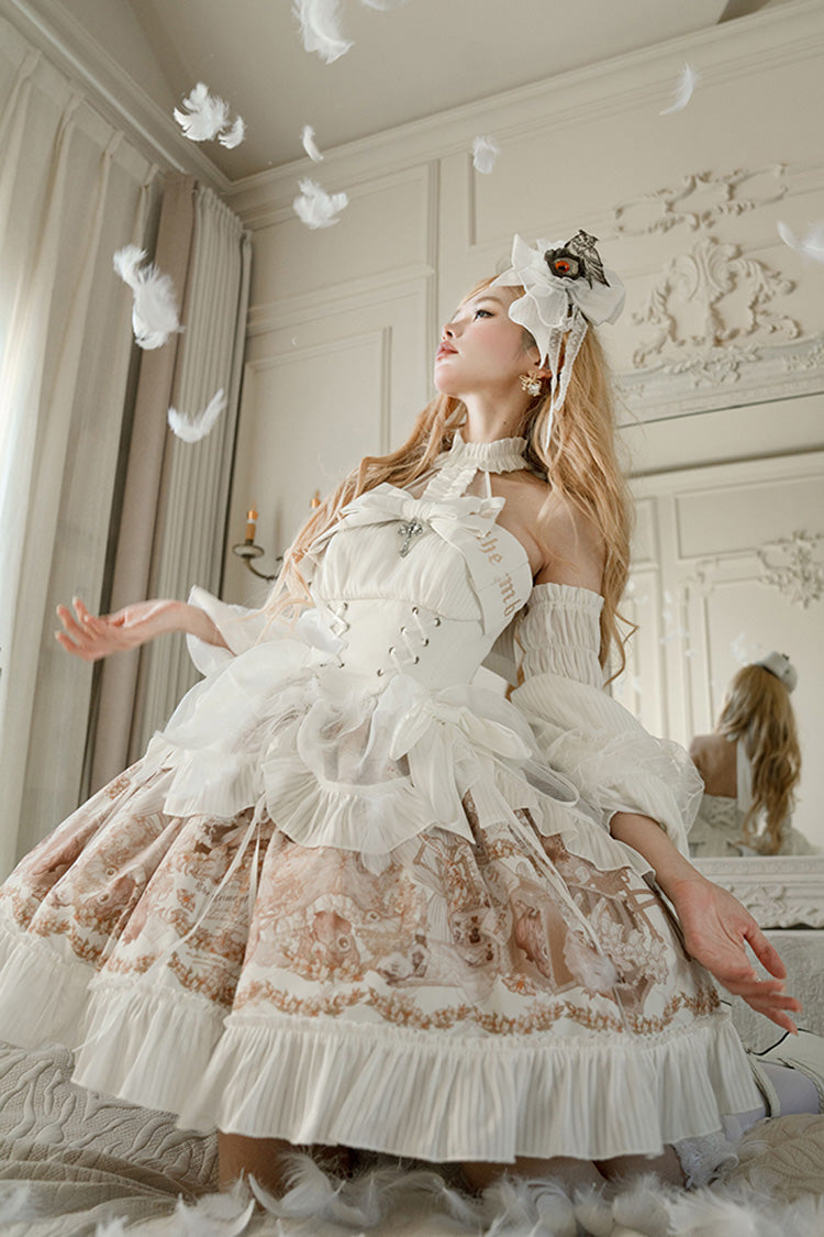 White Halterneck Print Bowknot Drawstring Gothic Lolita Dress