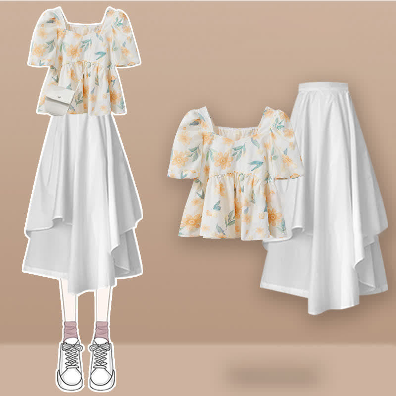 Sweet Floral Print Puff Sleeve T-Shirt Denim Shorts