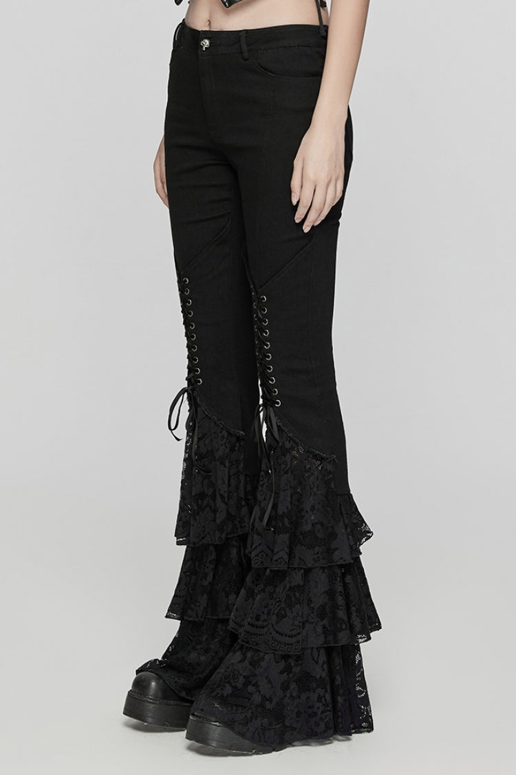 Gothic Pants with Lace-Up and Triple Ruffle