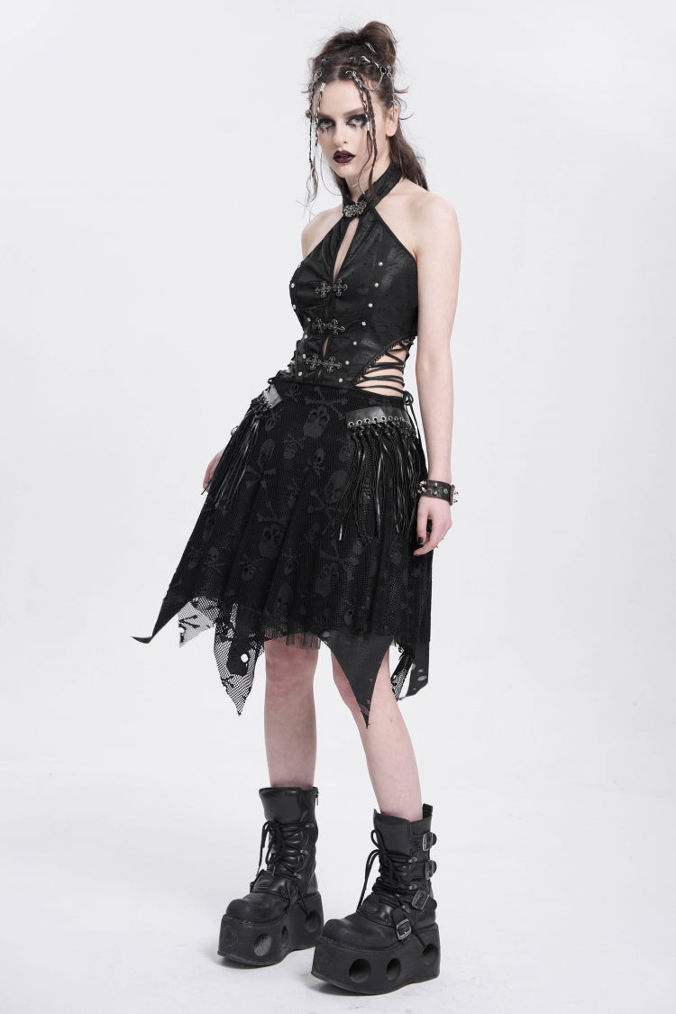 Black Halterneck Sleeveless Skull Print Asymmetrical Punk Gown