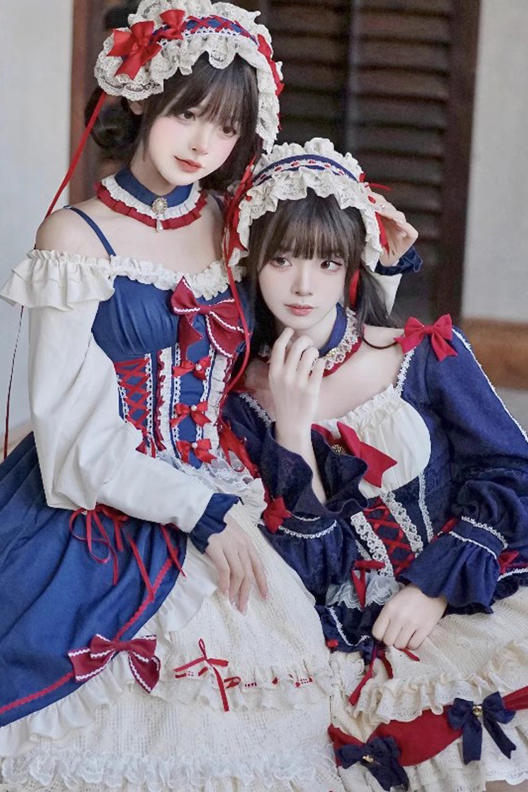 White-Blue Sweet Lolita Ruffle Cardigan Dress with Bowknot