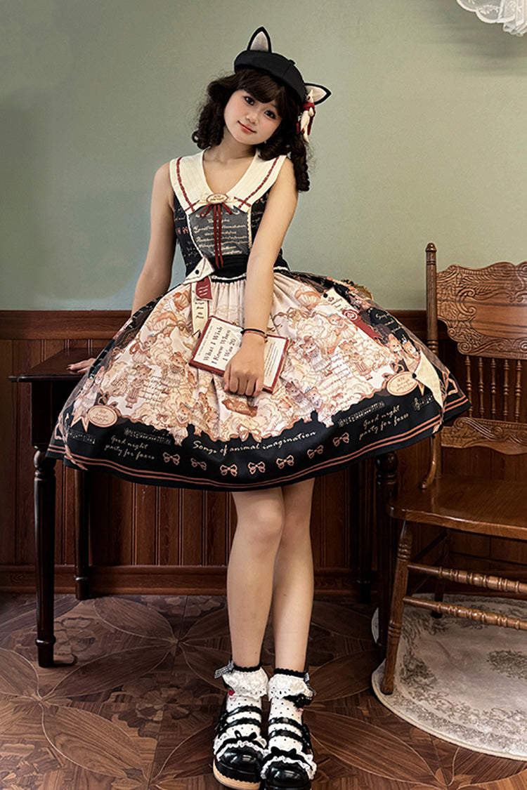 Black Fox Print Square Collar Bowknot Classic Lolita Jumper