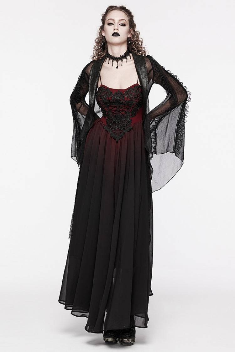 Dark Crimson Floral Embroidered Lace-Up Gothic Slip Dress