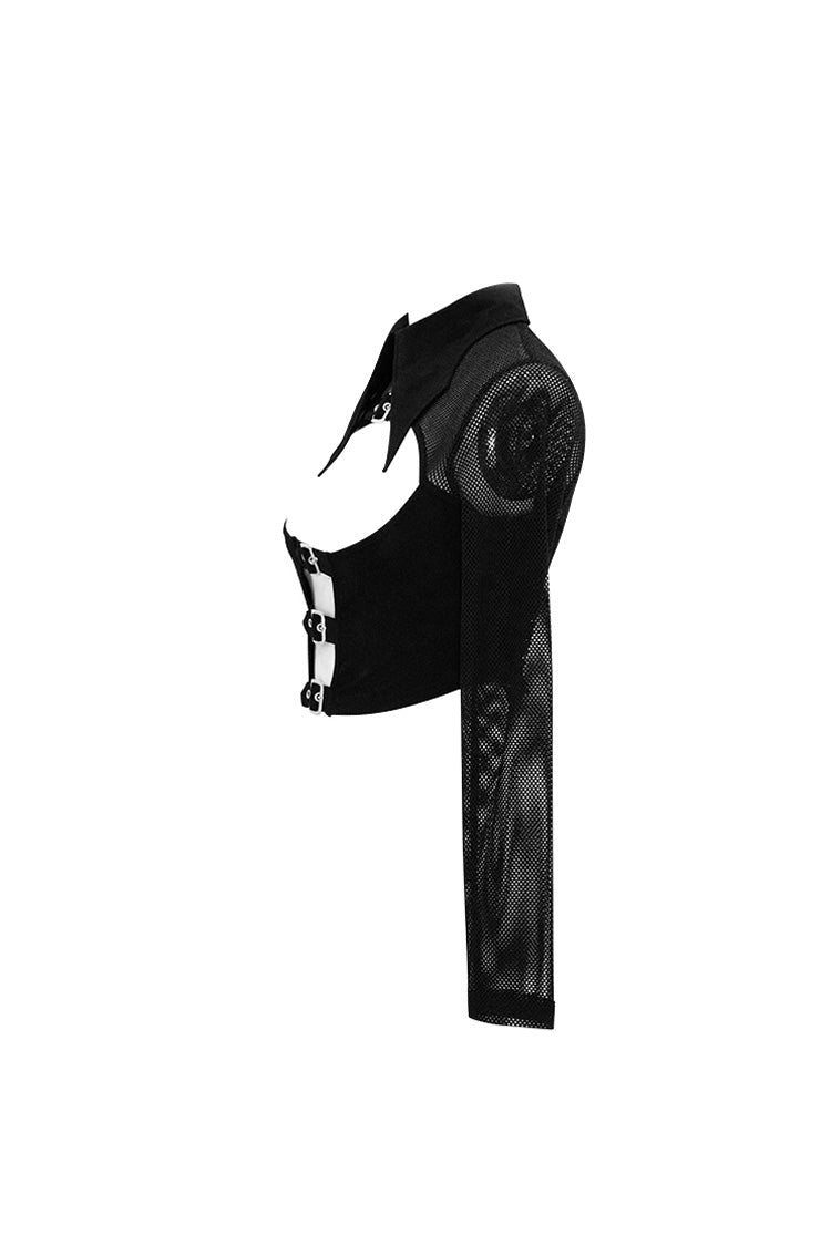 Punk T-Shirt with Bat Collar, Mesh Splice, Long Sleeves and Chest Clasp
