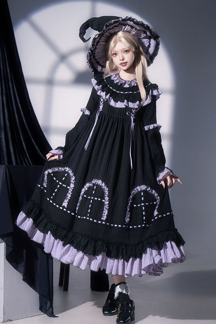Noir Round Collar Long Sleeve Double Ruffle Lace-Up Dress - Twin Lilian