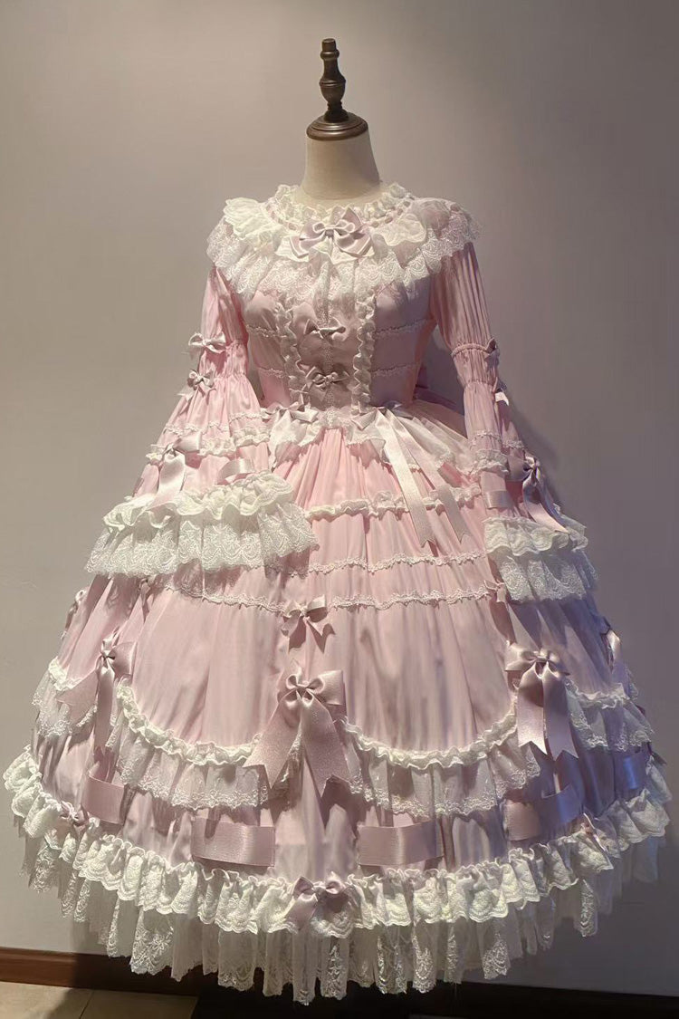 Pink Round Collar Long Trumpet Sleeve Bow Lace Elegant Princess Dress