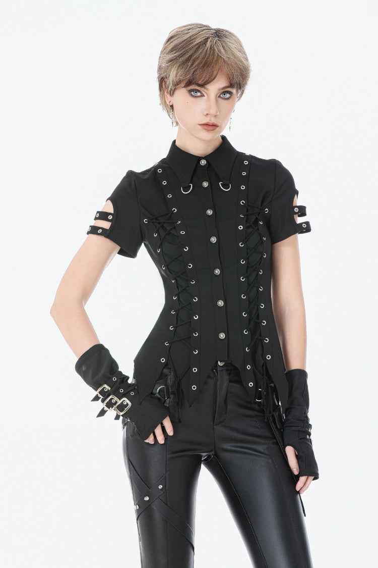 Punk Blouse with Turn-Down Collar and Lace-Up Eyelets