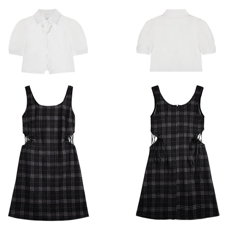 Love Heart Hollow Out T-Shirt Lace Up Plaid Dress Set