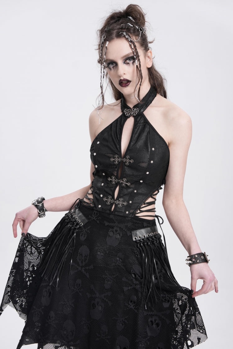 Black Halterneck Sleeveless Skull Print Asymmetrical Punk Gown
