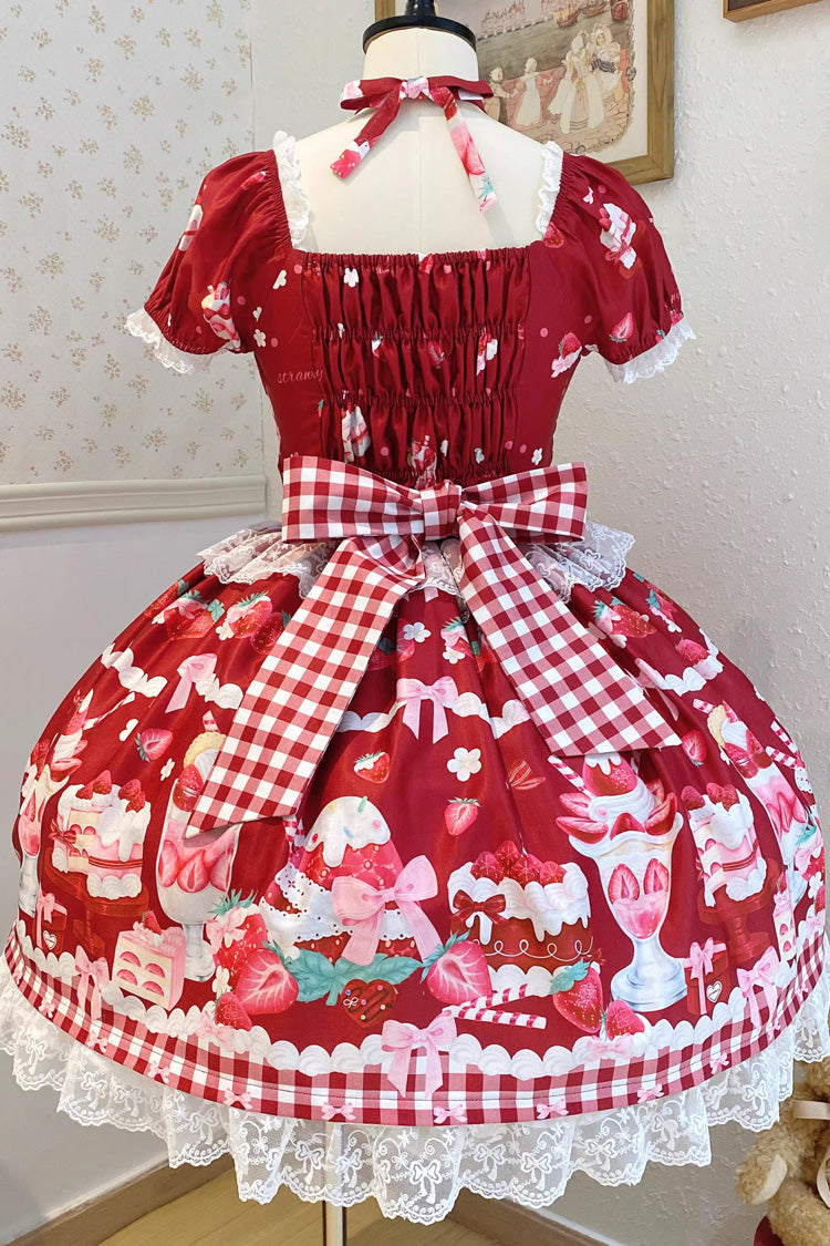 Crimson Strawberry Parfait Pattern Short Sleeve Bow Lace Corset Sweet Lolita Gown