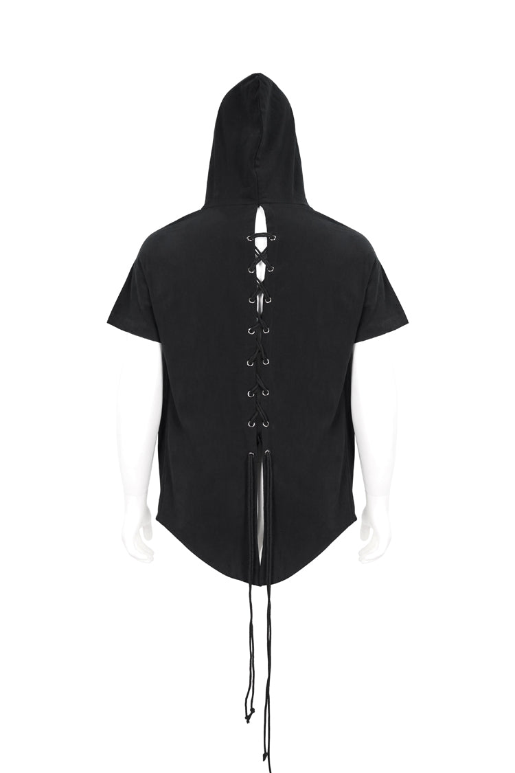Men's Punk T-Shirt with Hooded Mesh Splice Zipper Back Openwork Lace-Up Casual Short Sleeve