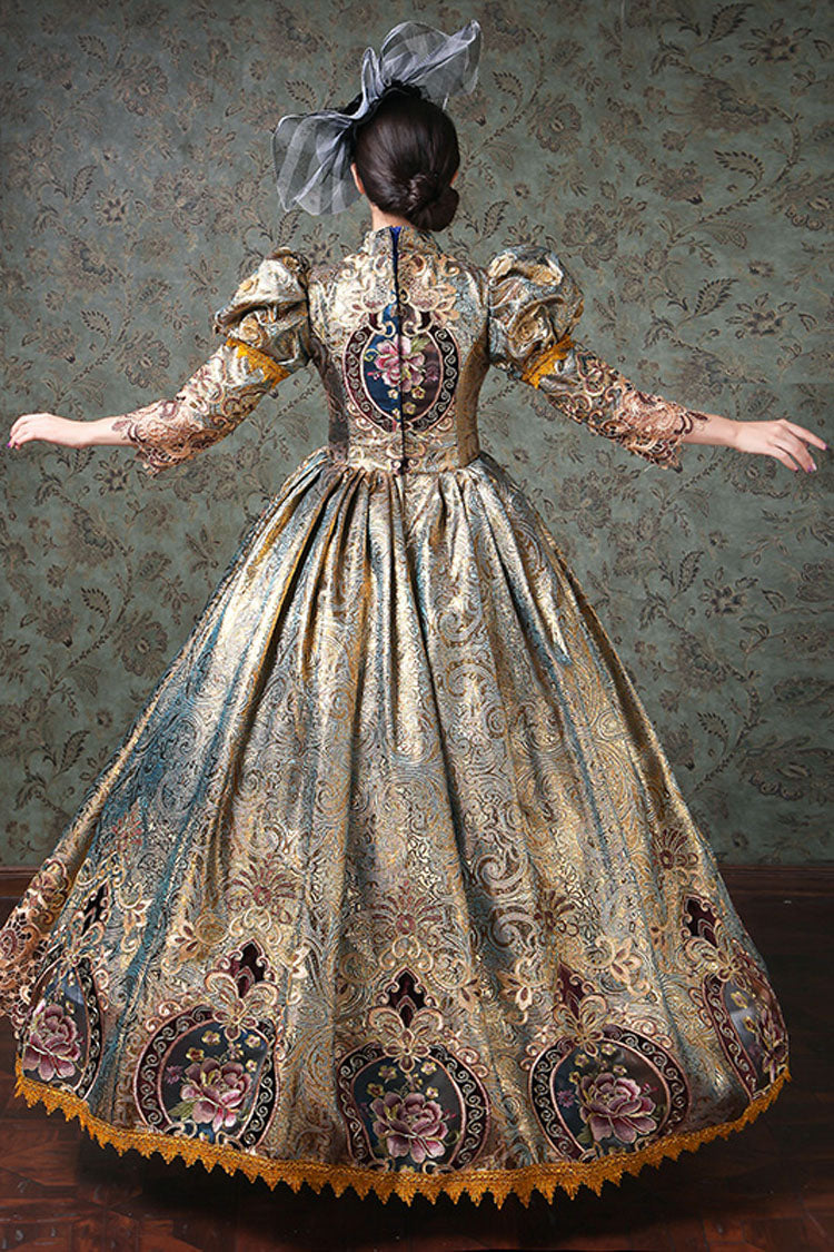 Champagne Hollow Floral Embroidery Victorian Gown - Half Sleeves