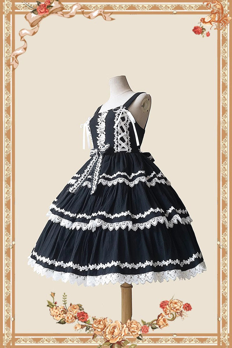 Black and White Three-Tiered Sweet Lolita Dress with Ribbon and Sleeveless