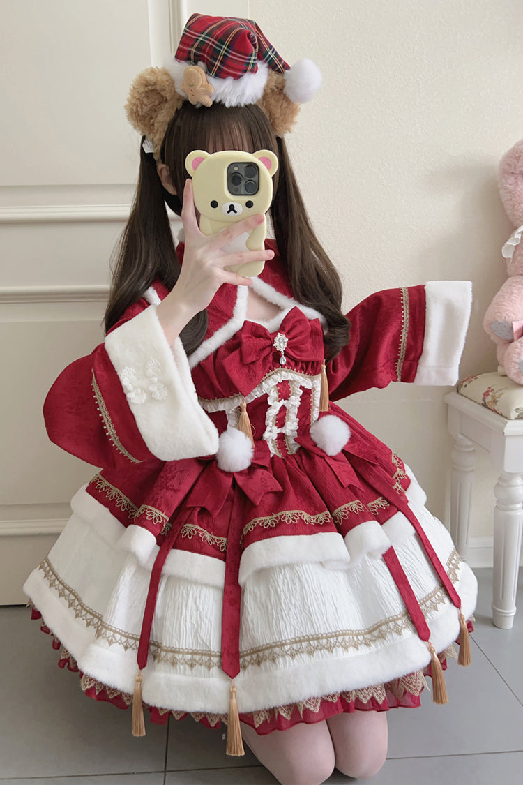 Crimson Snow Rabbit Long Sleeve Frill Bow Faux Two-Piece Sweet Lolita Gown