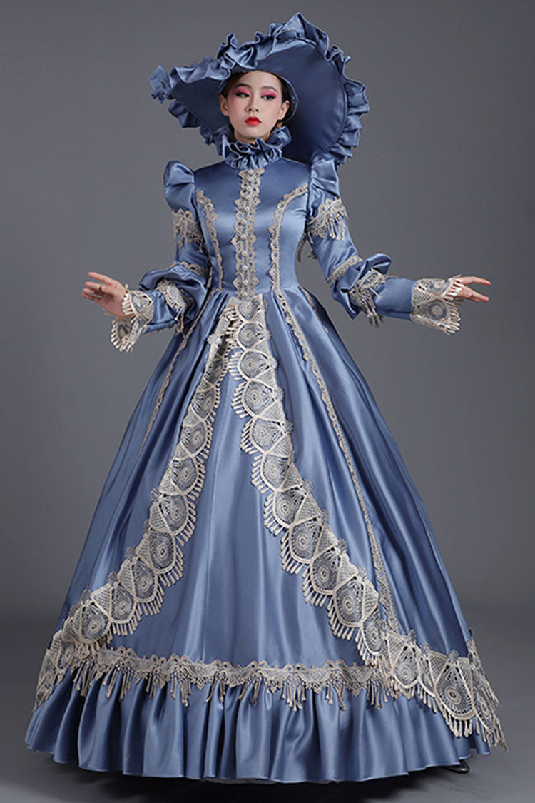 Blue Victorian Ruffled Dress with High Collar and Floral Embroidery - Altfashion Shop