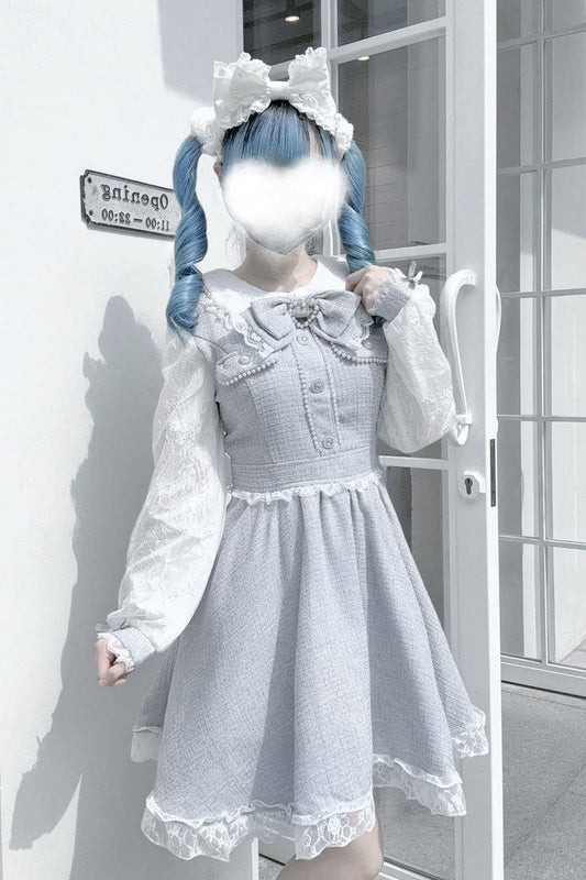 Grey Long Sleeve Bow Lace Pearl Sweet Jirai Kei Dress