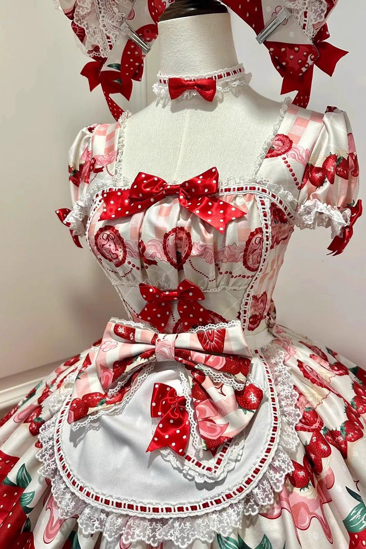 Dream to Strawberry Printed Short Sleeve Ruffle Bow Lace Sweet Lolita OP Dress in Four Colors