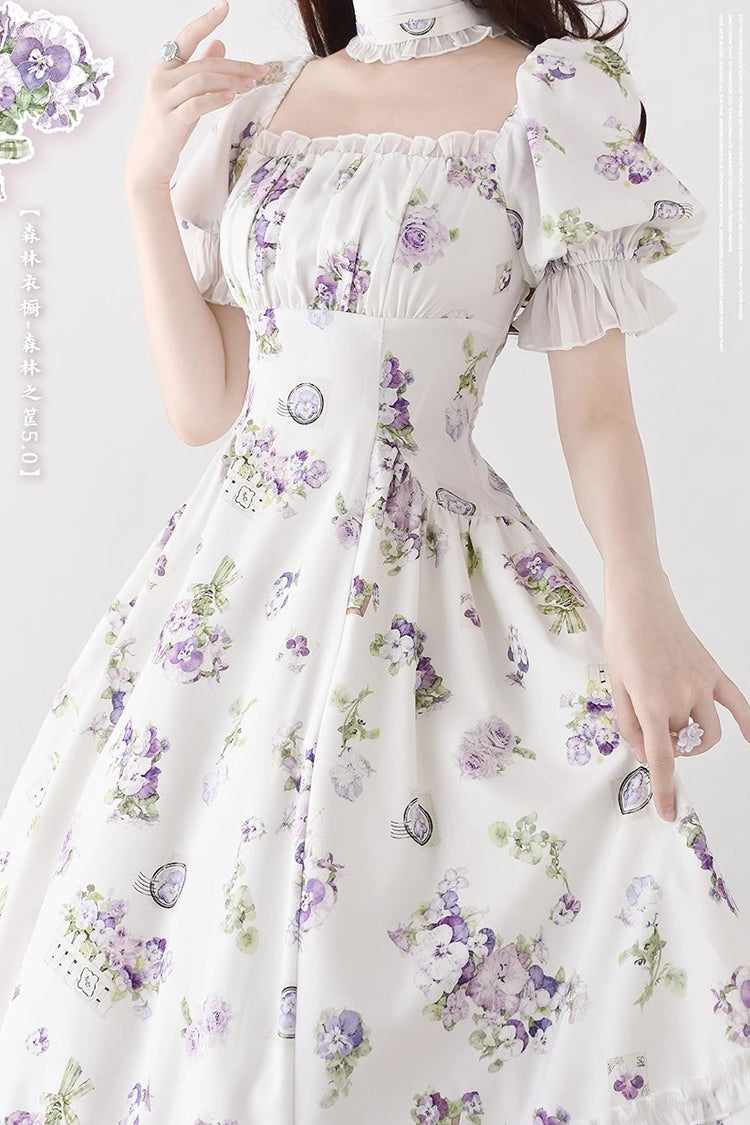 Botanical Print Ruffle-Trim Lace Summer Lolita Gown in Six Shades - Forest Basket