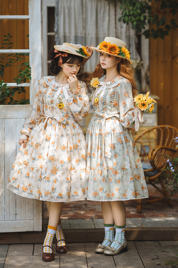 Green Sunflower Long Sleeve Floral Bow Elegant Lolita Dress
