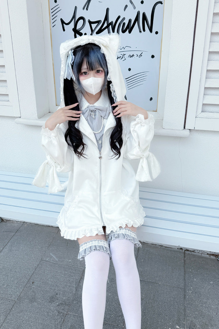 Ivory Cat Ear Hooded Ruffled Bow Accent Dark Jirai Kei Coat