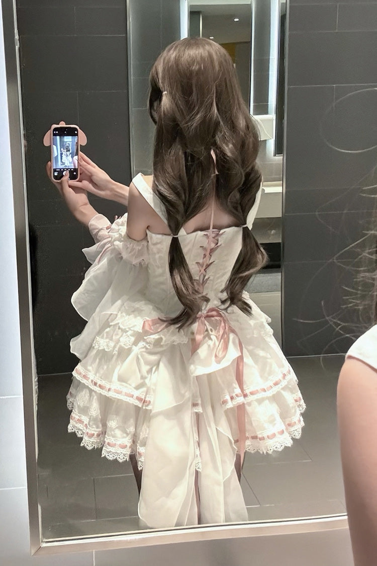 White Little Love Song Detachable Trumpet Sleeve Bow Lace Top Skirt Set