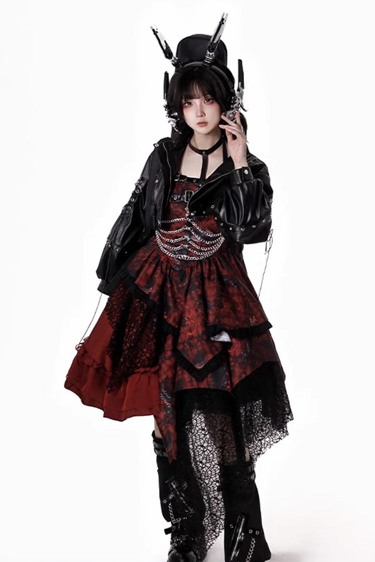 Crimson Bloody Strawberry Tears Print Sleeveless Frill Bow Lace Asymmetrical Gothic Lolita JSK