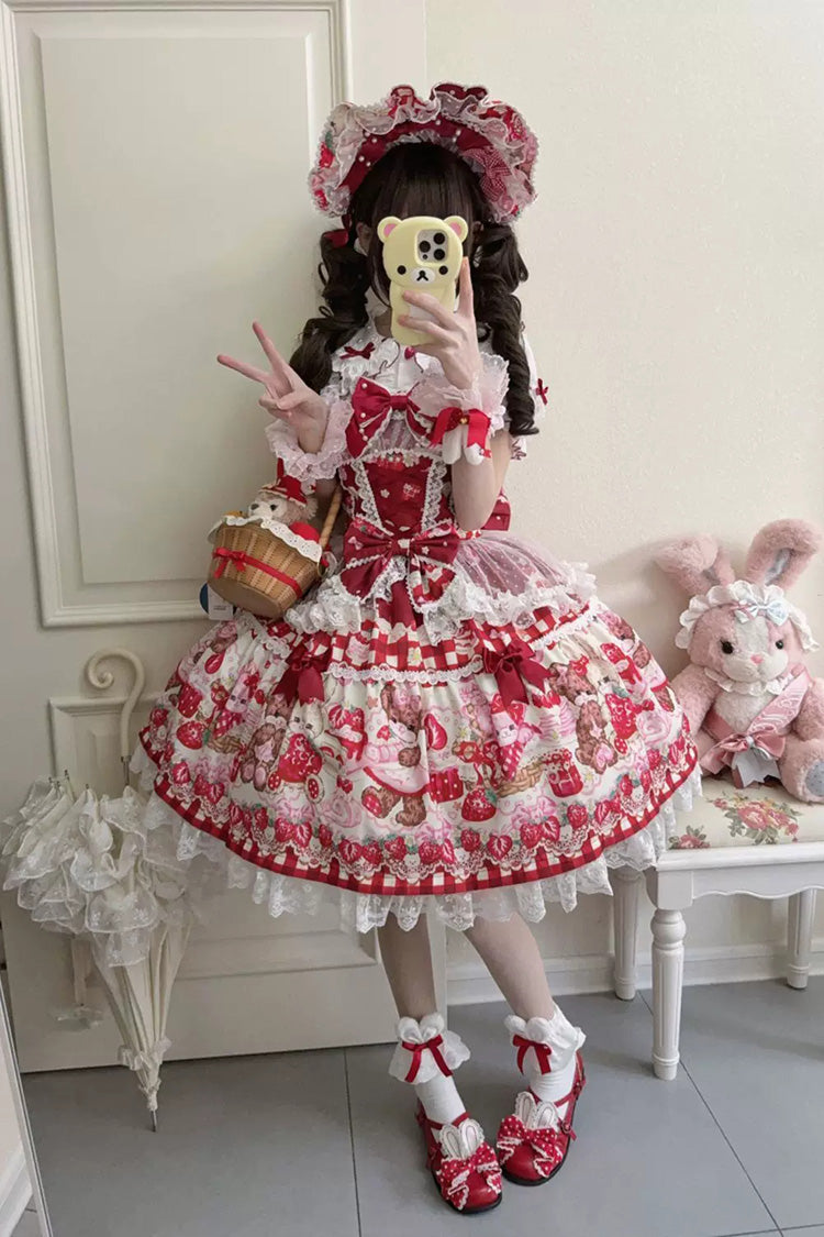 Crimson Sweet Berry Bunny Bear Printed Bow Lace Laced Sweet Lolita Jumper Dress