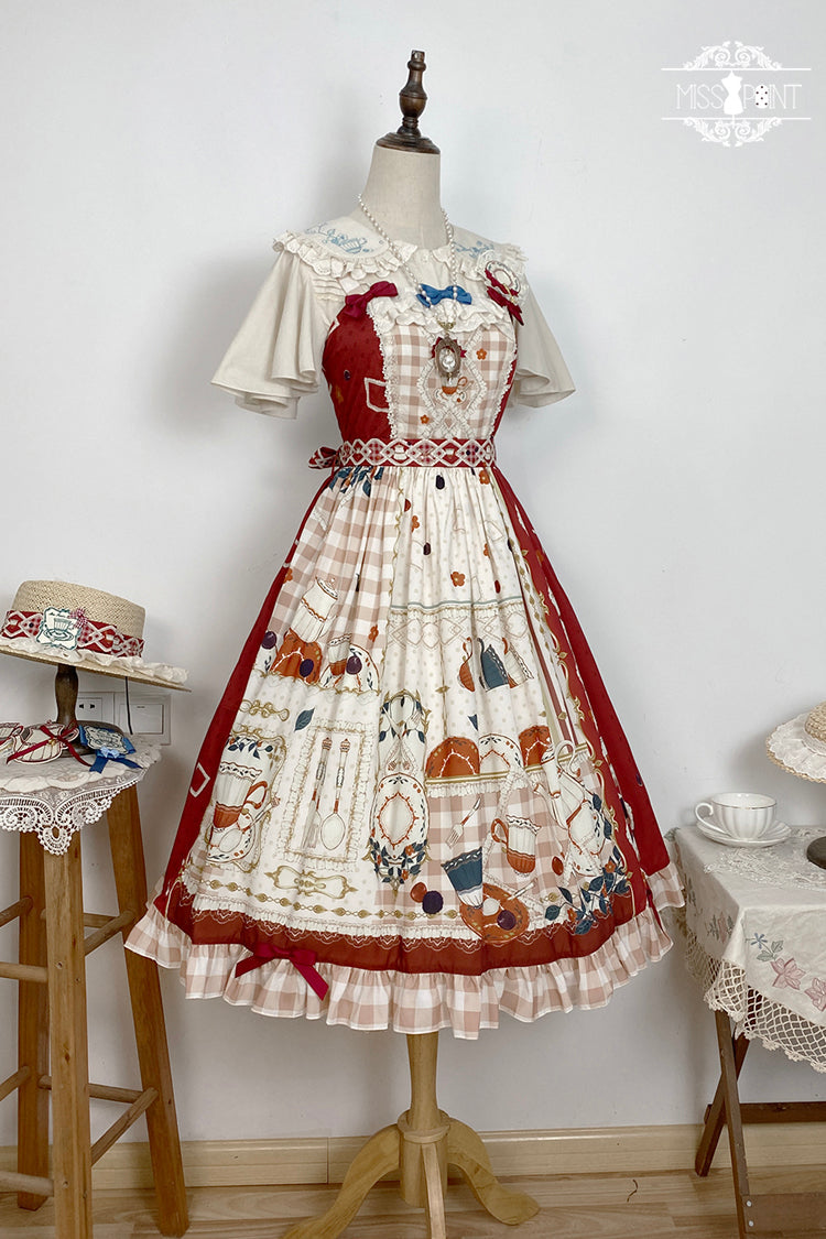 Scarlet Tea Party Printed Ruffled Bow Lace Sweet Elegant Lolita Jumper Dress