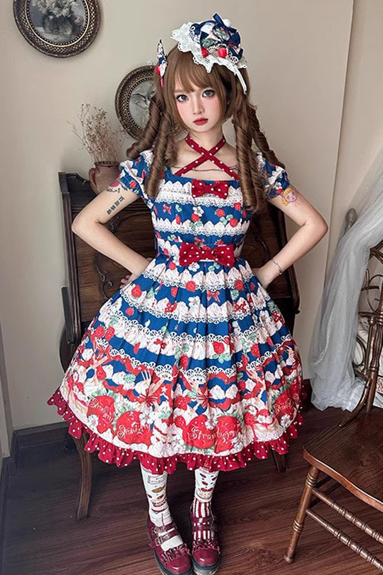 Berry Fairy Print Short Sleeve Ruffle Bowknot Dress - Red/Blue