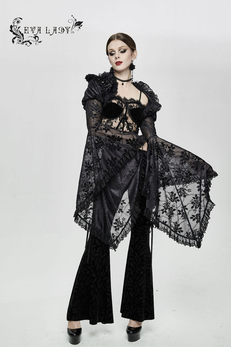 Lace-Trimmed Bell Sleeve Fur-Trimmed Gothic Wrap with 3D Flowers
