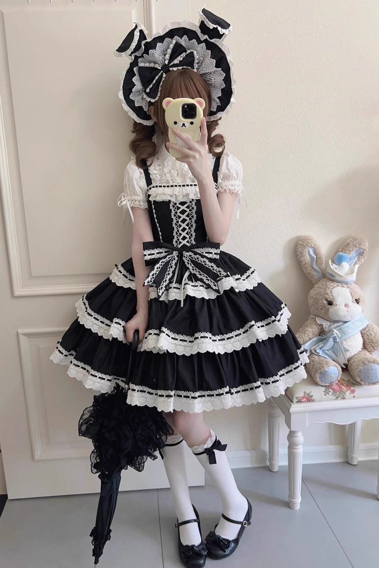 Black Maiden Heart Triple Layer Ruffle Bow Lace Sweet Jsk