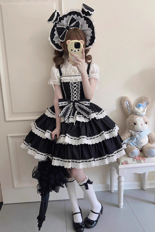 Black Maiden Heart Triple Layer Ruffle Bow Lace Sweet Jsk