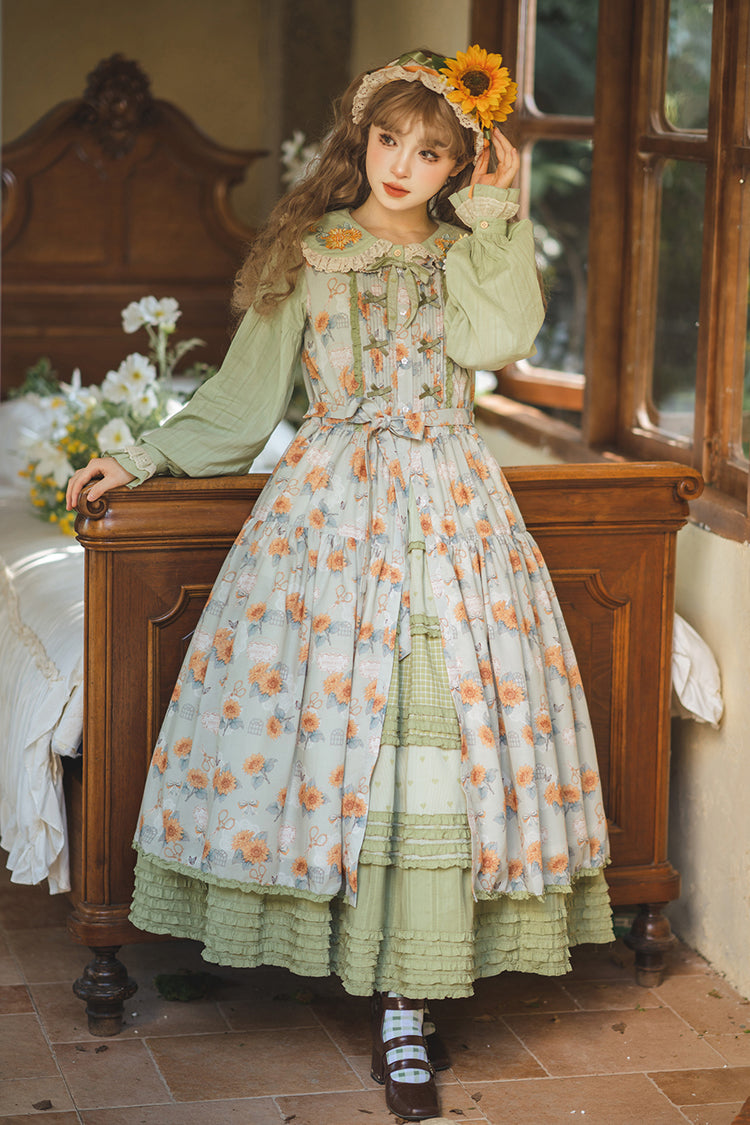 Green Sunflower Sleeveless Floral Bow Elegant Jsk Dress