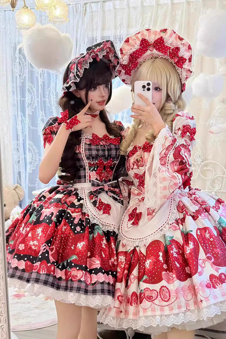 Dream to Strawberry Printed Ruffle Bow Lace Sweet Lolita JSK Dress in Four Shades