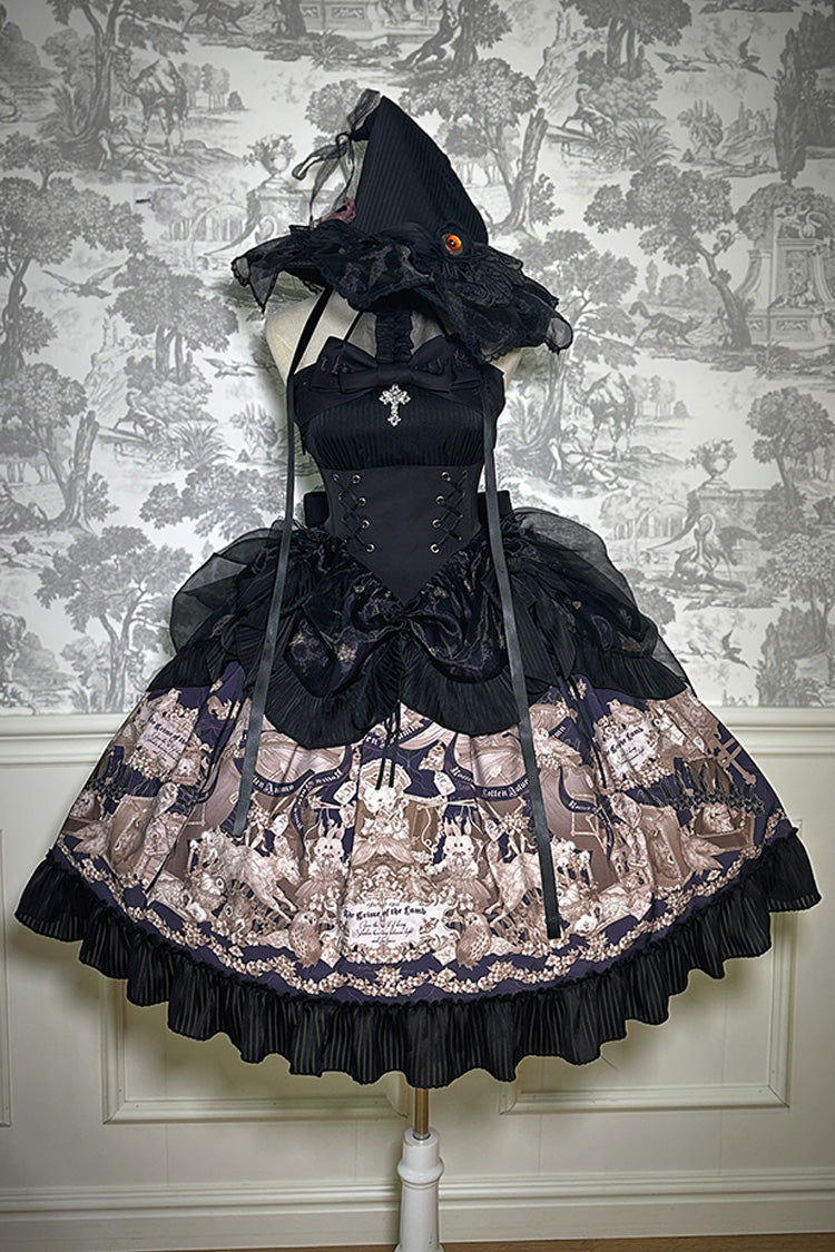 Black Halterneck Print Bowknot Drawstring Gothic Lolita Dress