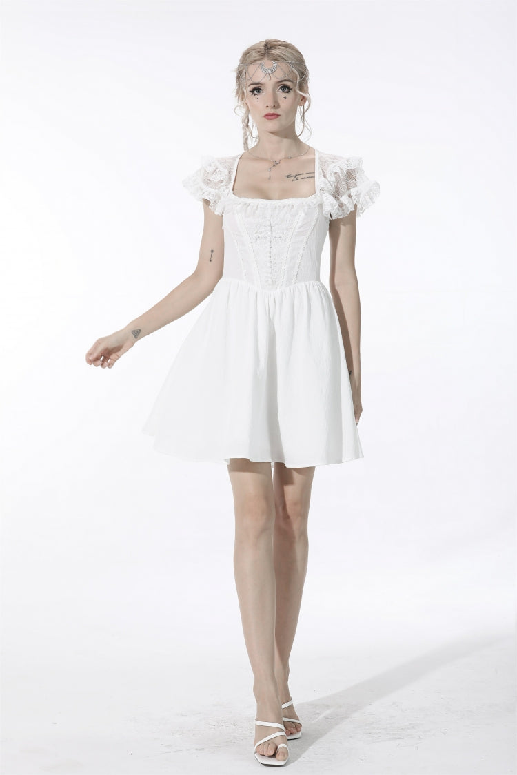 Ivory Layered Lace Square Neckline Strappy Gothic Mini Dress for Women