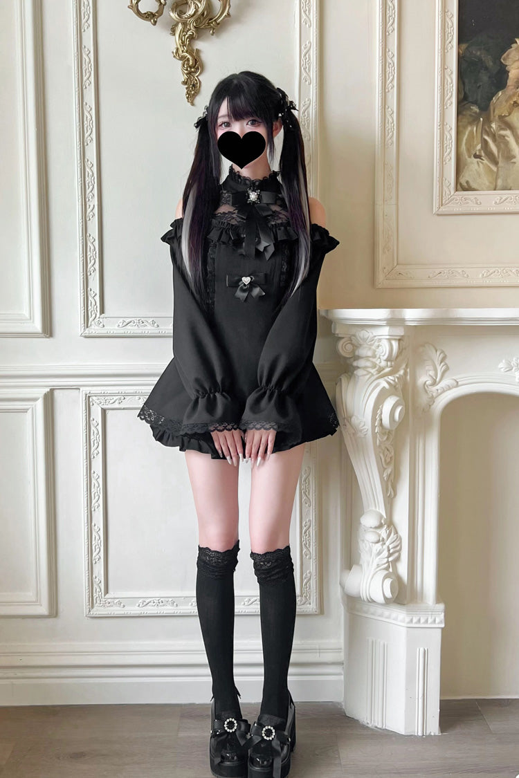 Sweet Off Shoulder Halterneck Long Sleeve Ruffled Bow Lace Jirai Kei Dress Shorts Set