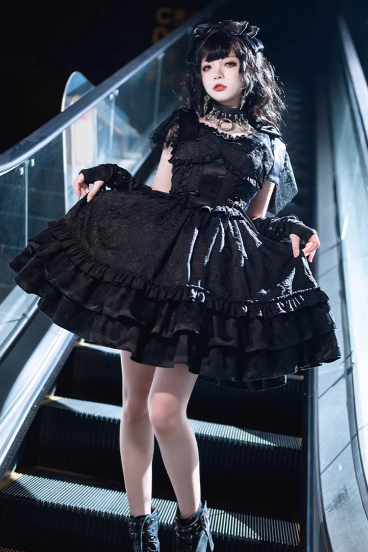 Black Lace Flying Sleeves Fish Bone Ruffled Gothic Gown