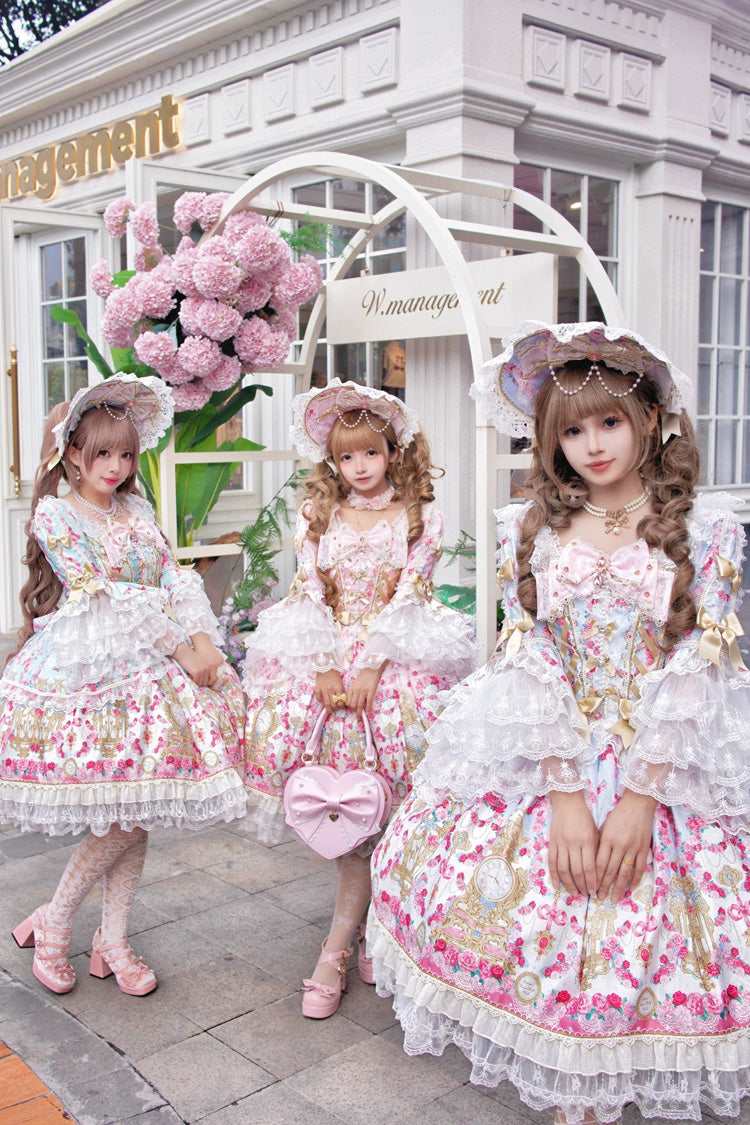 Blue/Pink [Rose Garden Prelude] Square Collar Long Trumpet Sleeves Printed Ruffled Bow Lace Lace-Up Sweet Lolita Dress