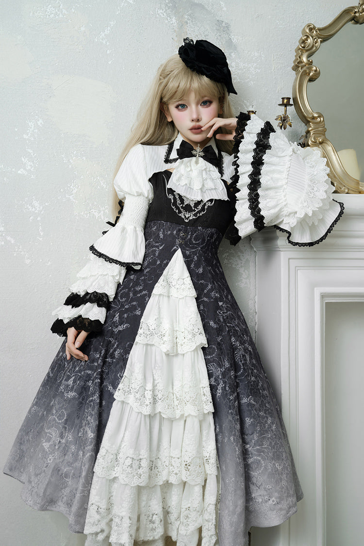Monochrome Gothic Princess JSK with Bone Print, Ruffled Cardigan, and Lace