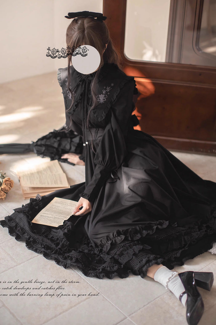 Noir Long Sleeve Ruffle Embroidered Bow Vintage Elegant Dress - Wind Kissed Tulips