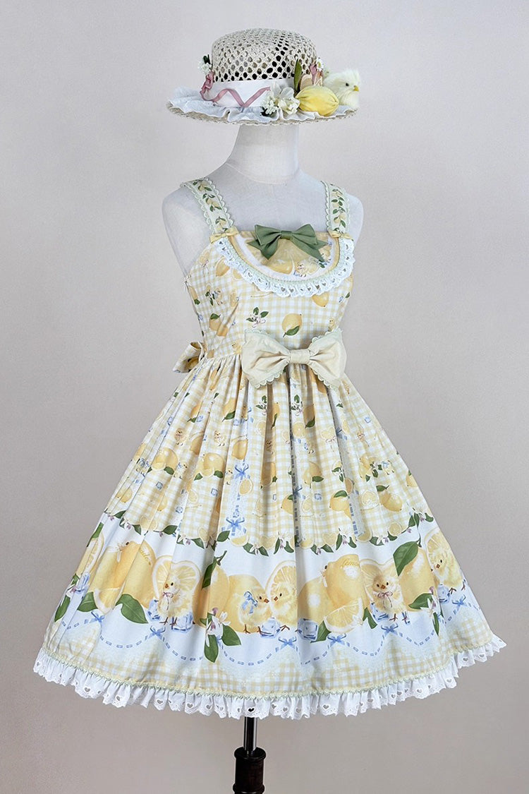 Sunshine Printed Ruffle Bow Lace Sweet Jumper Dress - Lemon Chicken