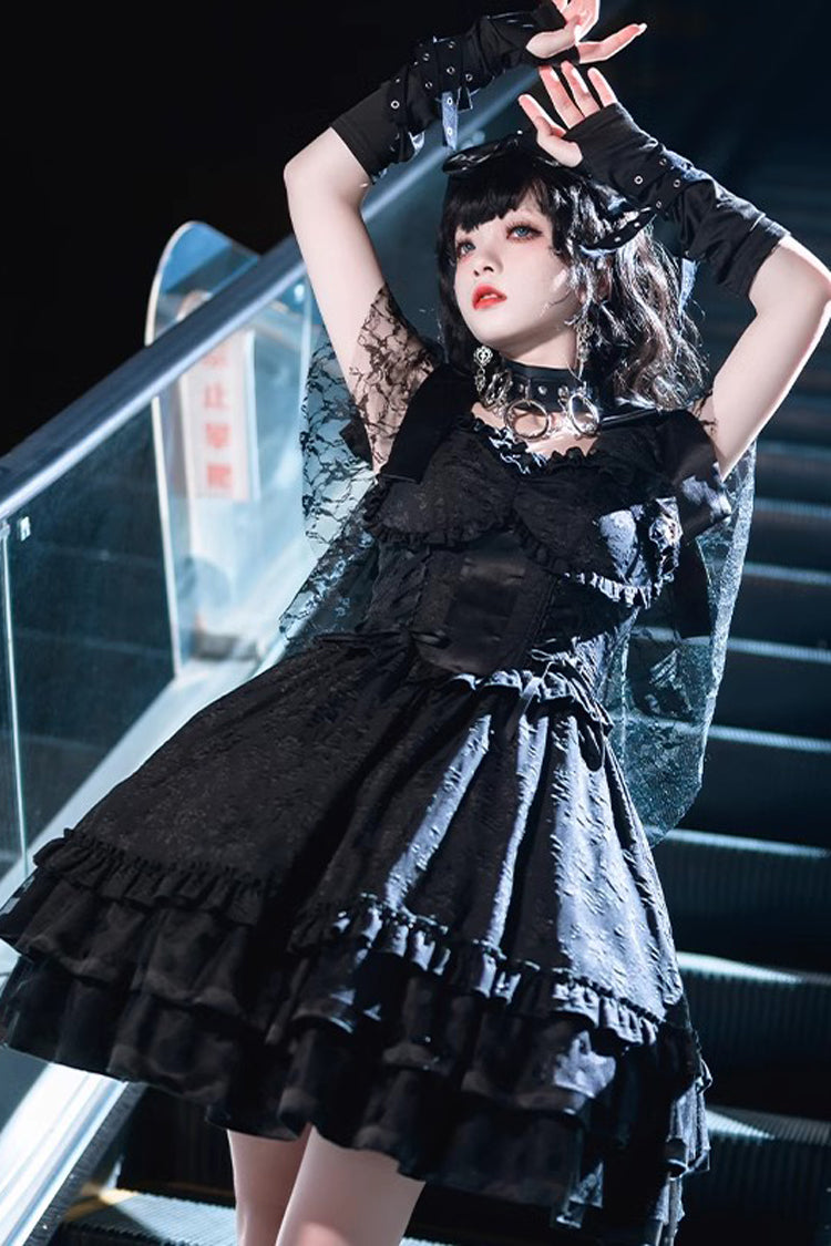 Black Lace Flying Sleeves Fish Bone Ruffled Gothic Gown