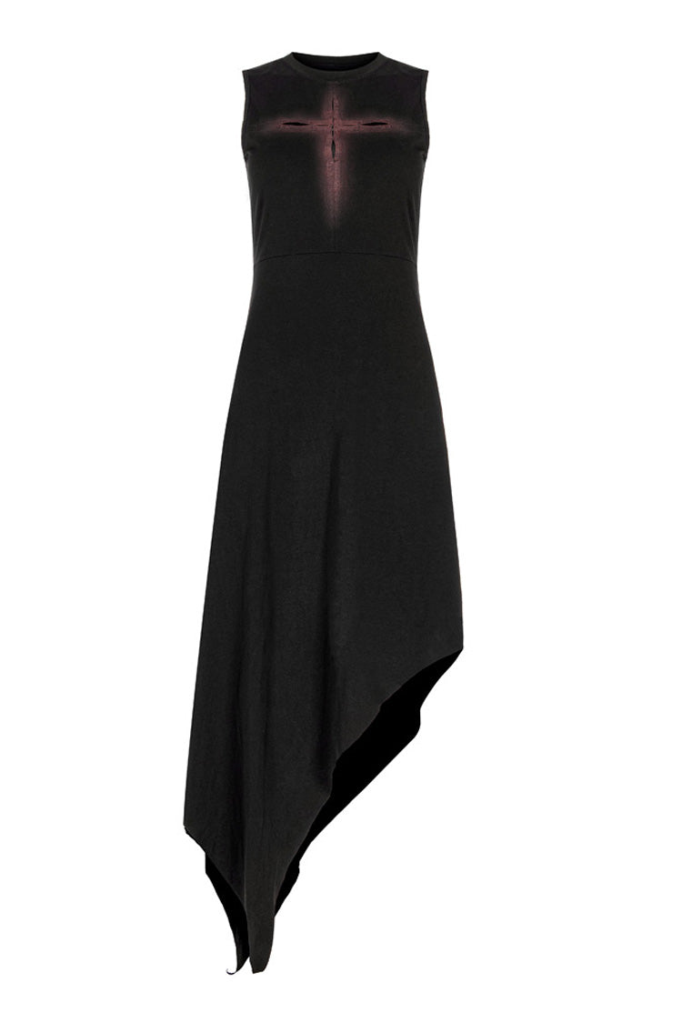 Women's Gothic Dress with Hollowed Out Cross Spray-Painted Asymmetric Hem Sleeveless Design